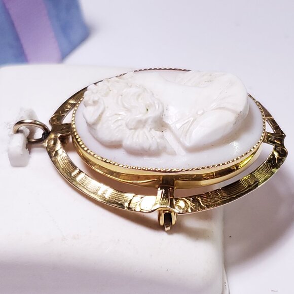 Antique 18X24mm Carved Shell Cameo 1940's 10Kt YG fancy framed Brooch/Pend#20772